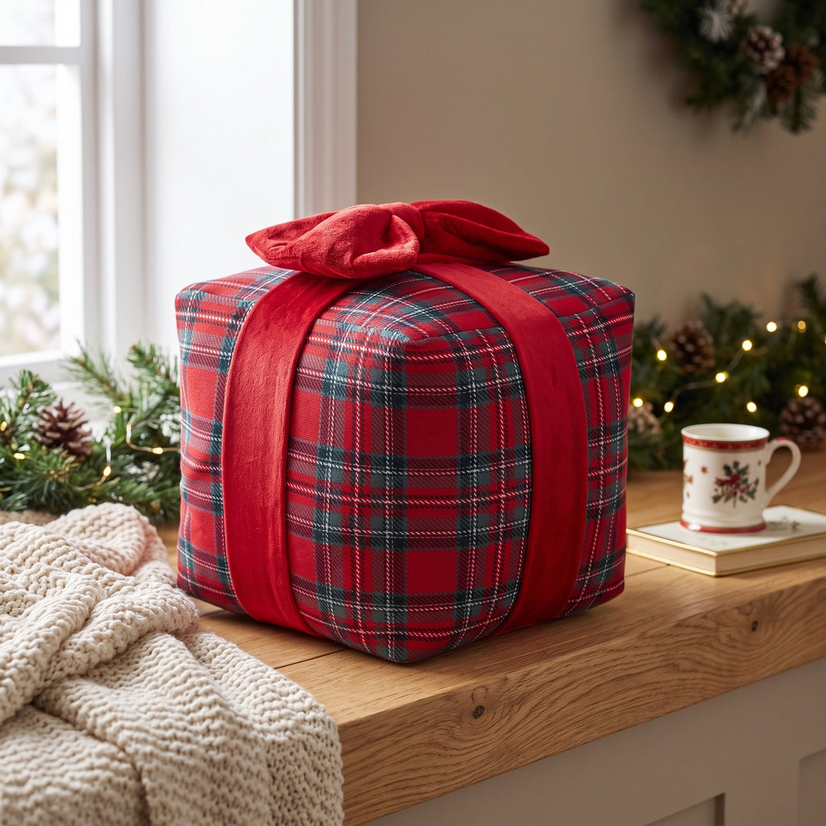 Christmas Pillow, 3D Gift Box Shape, Red Tartan with Bow, 10 x 10 in