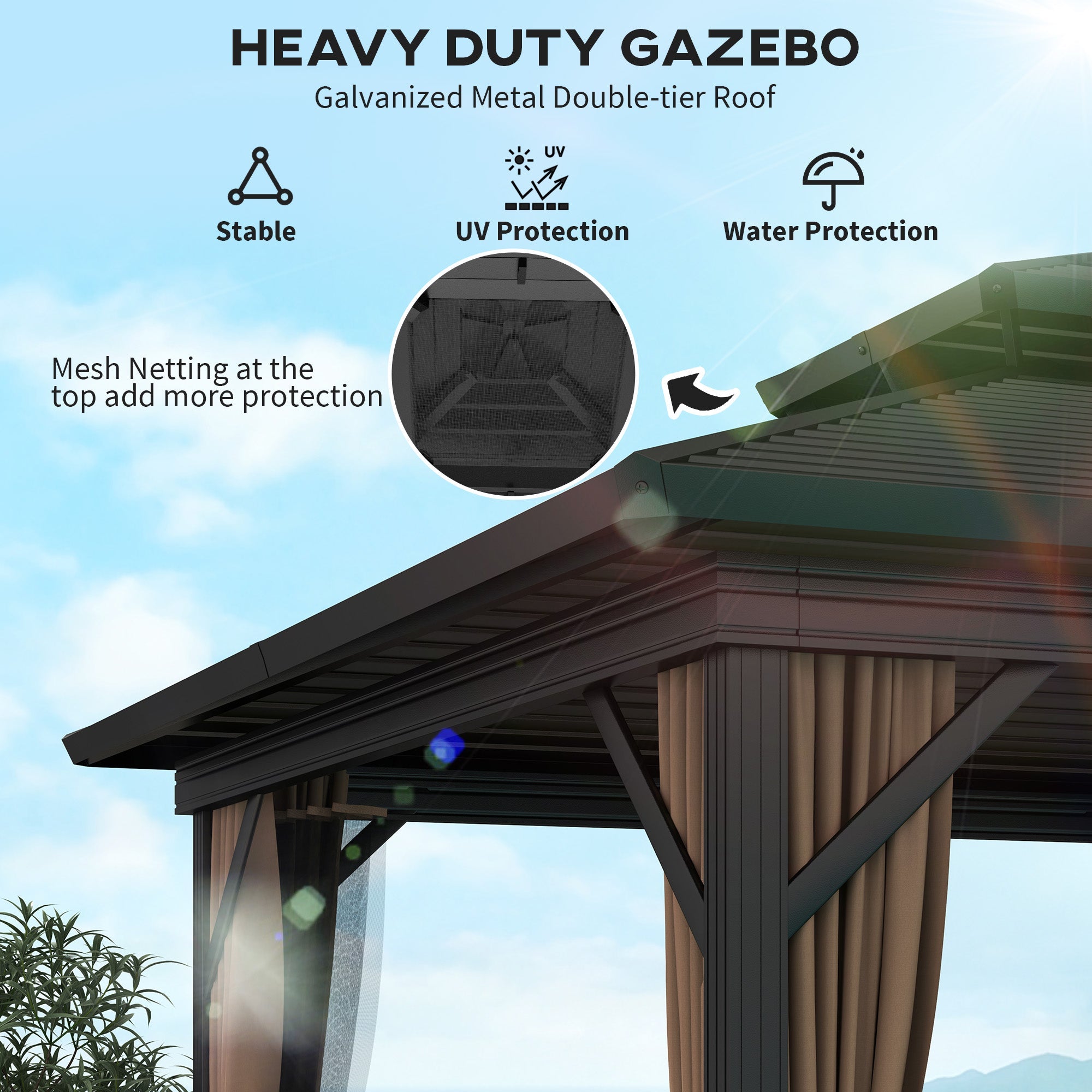 Outsunny 10' x 10' Hardtop Gazebo, Sun Shelter with Double Tier Metal Roof, Mosquito Netting, and Hanging Hook, Dark Brown