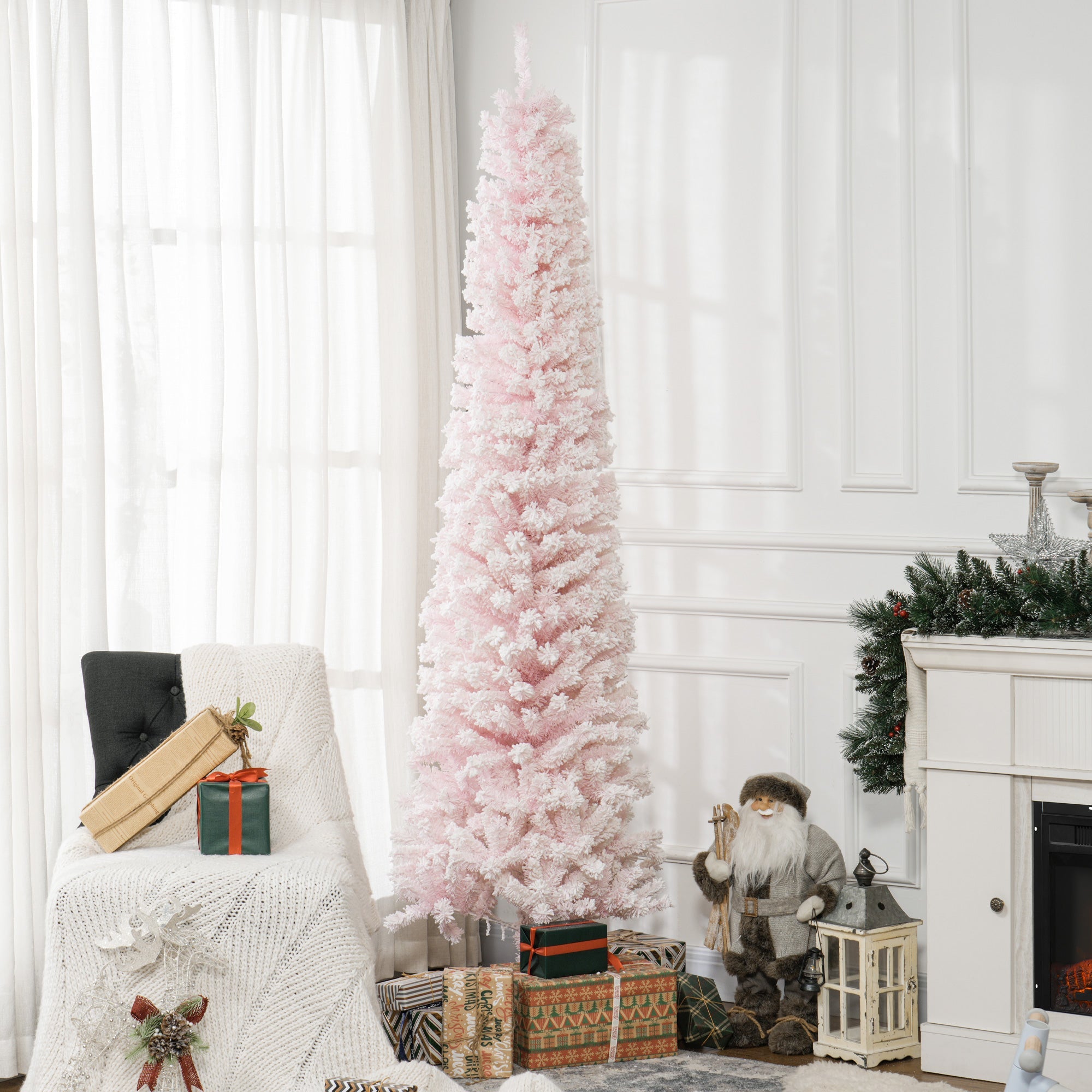 HOMCOM 7.5ft Flocked Christmas Tree, Pencil Christmas Tree with Realistic Branch Tips, Folding Metal Stand, Pink