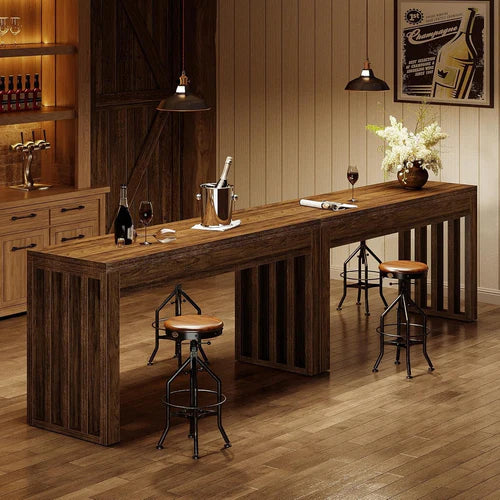 Bar Table 63" Farmhouse Counter Height Pub Dining Table for Bistro with Thick Tabletop and Slatted Base Design Rustic Brown