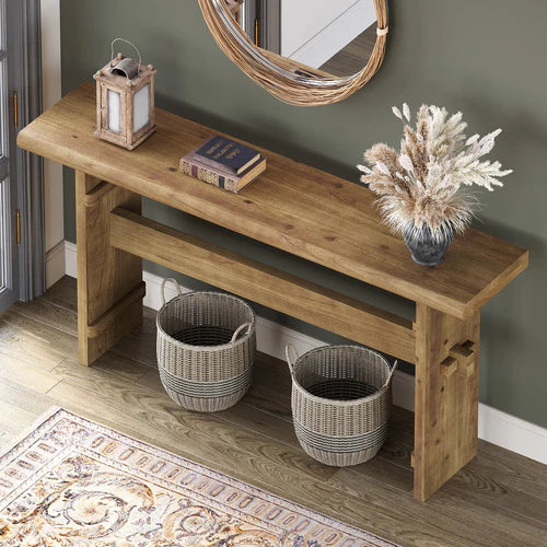 63" Solid Wood Console Table, Farmhouse Entryway Sofa Table Behind Couch Rustic Brown