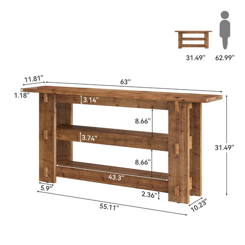 Console Table 63" Solid Wood Farmhouse Sofa Table Behind Couch with 3-Tier Storage Shelves and Heavy Duty Design Rustic Brown