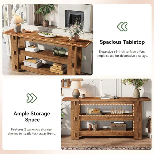 Console Table 63" Solid Wood Farmhouse Sofa Table Behind Couch with 3-Tier Storage Shelves and Heavy Duty Design Rustic Brown