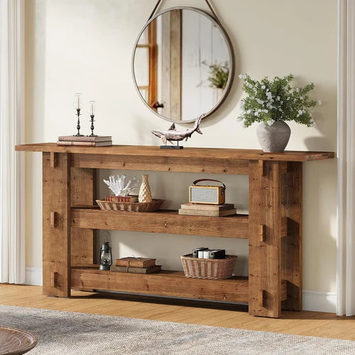 Console Table 63" Solid Wood Farmhouse Sofa Table Behind Couch with 3-Tier Storage Shelves and Heavy Duty Design Rustic Brown