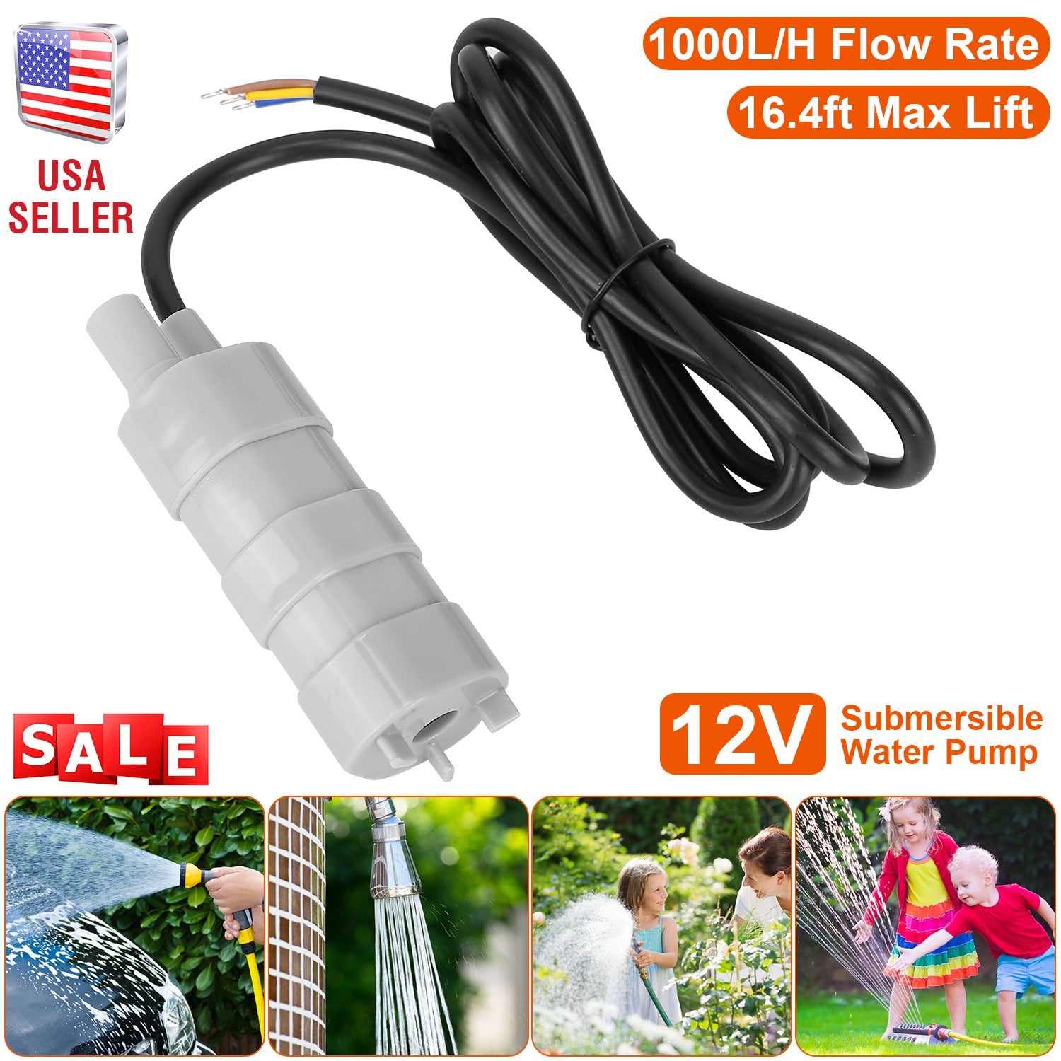 12V Submersible Water Pump with 16.4ft Max Lift 1000L/H Flow Rate for Garden Sprinklers Lawn Shower Tour Vehicles
