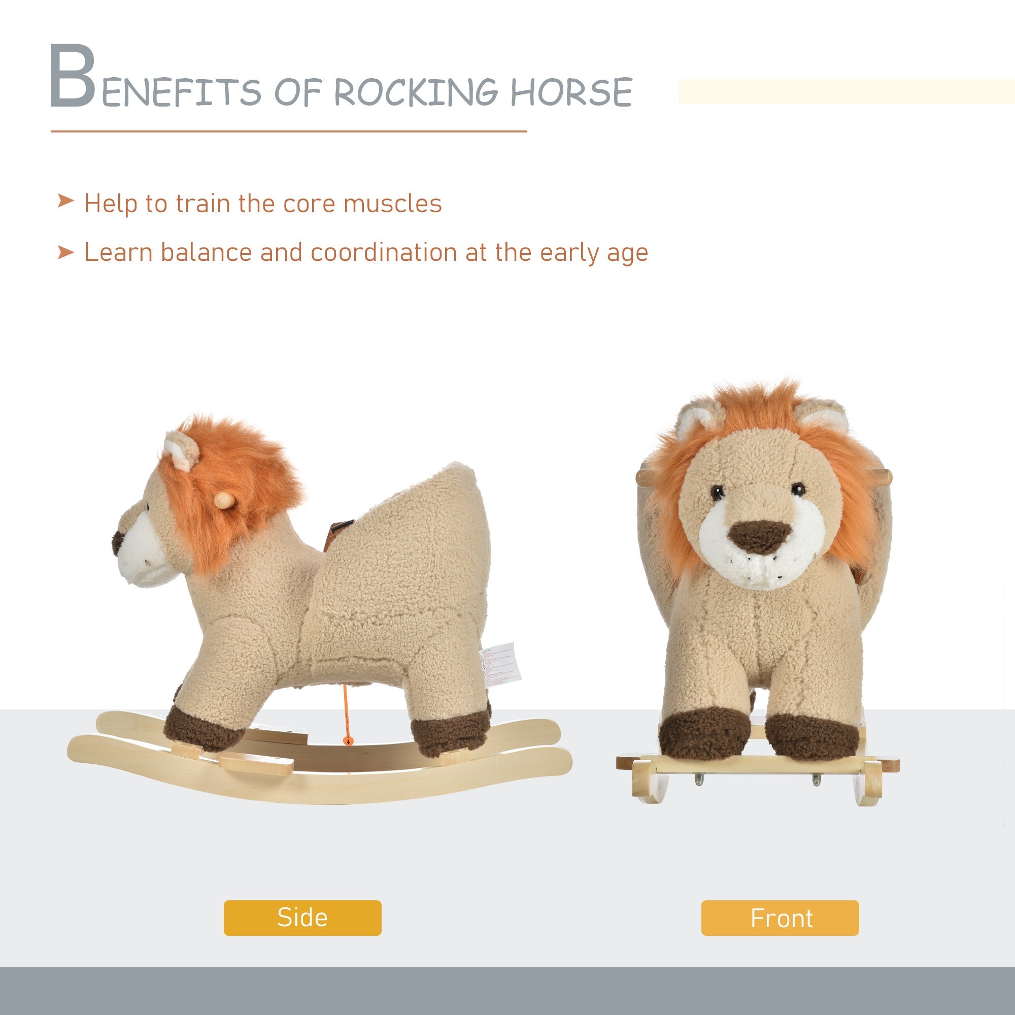 Qaba Lion Baby Rocking Horse - Plush Stuffed Rocker with Sound and Safety Belt, Wooden Base for Toddlers, Brown