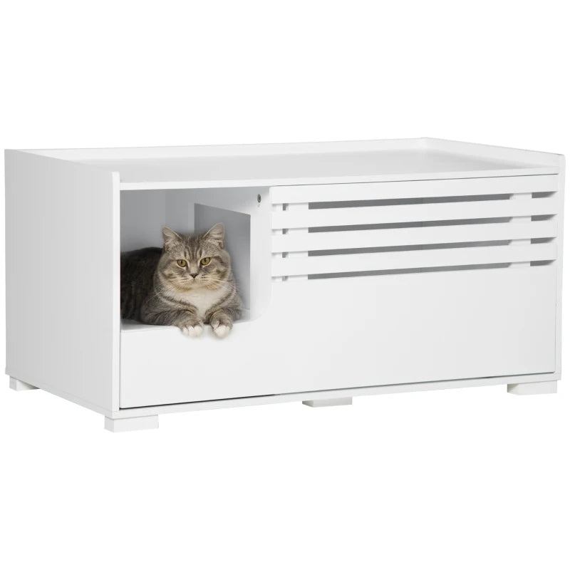 Hidden Cat Litter Box Furniture, Cat Litter Box Enclosure with Storage Compartments and Side Table Function, White