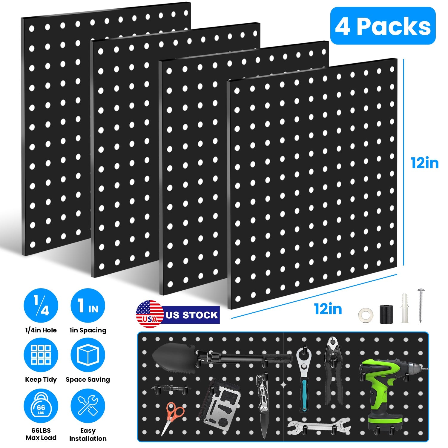 4 Packs Metal Pegboards Black Peg Boards Wall Organizer Panel Board Storage Hanger Tool with 1” Spacing 1/4” Hole for Office Garage Basement Craft Roo