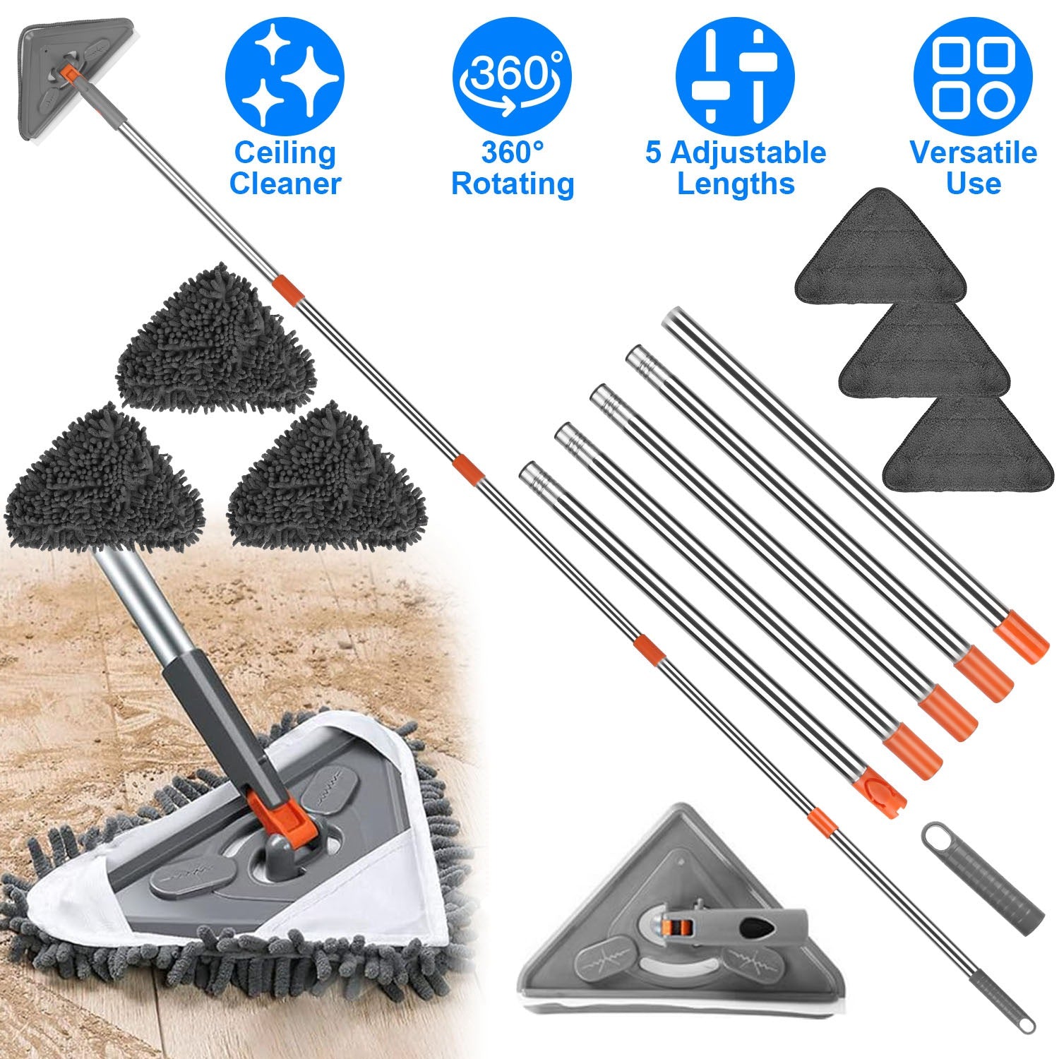 21.85?To 82.68?Length Adjustable Triangle Cleaning Mop Wall Cleaner Mop with Long Handle Window Baseboard Floor Ceiling Mop with 6 Replacement Pads