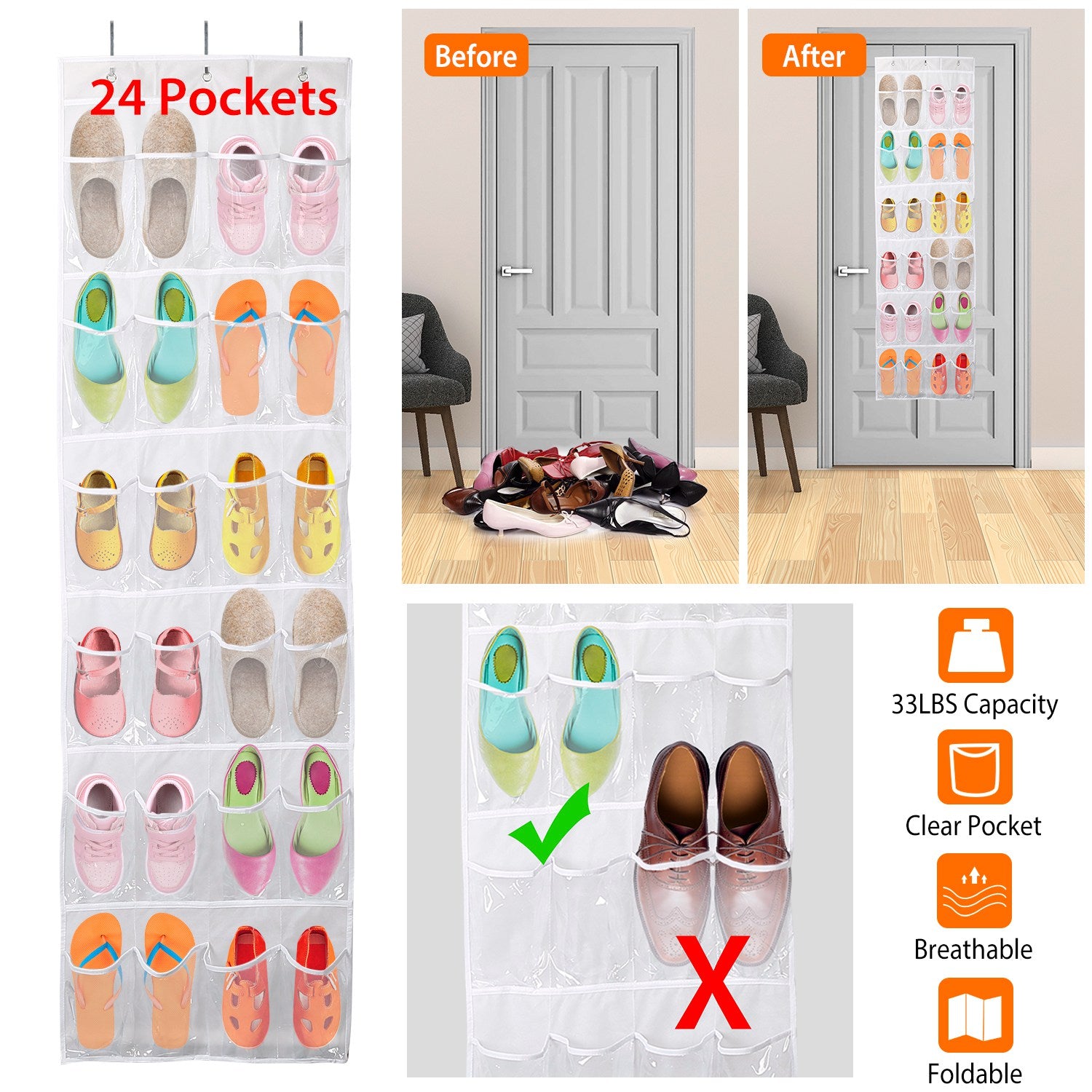 Over the Door Shoes Rack 24-Pocket Crystal Clear Organizer 6-Layer Hanging Storage Shelf for Shoes Slippers Small Toys Closet Cabinet