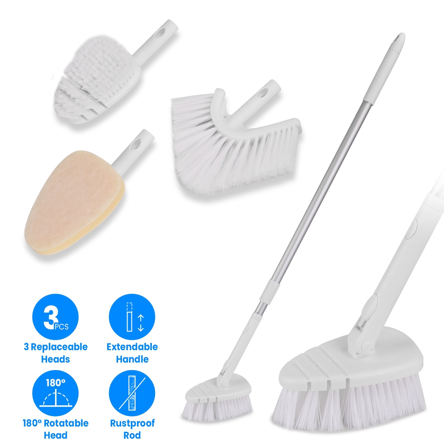 3 in 1 Tub And Tile Scrubber Cleaning Brush With 42.91in Long Handle Length Adjustable Rod Shower Cleaning Brush With Sponge Hard Bristles Gap Brush