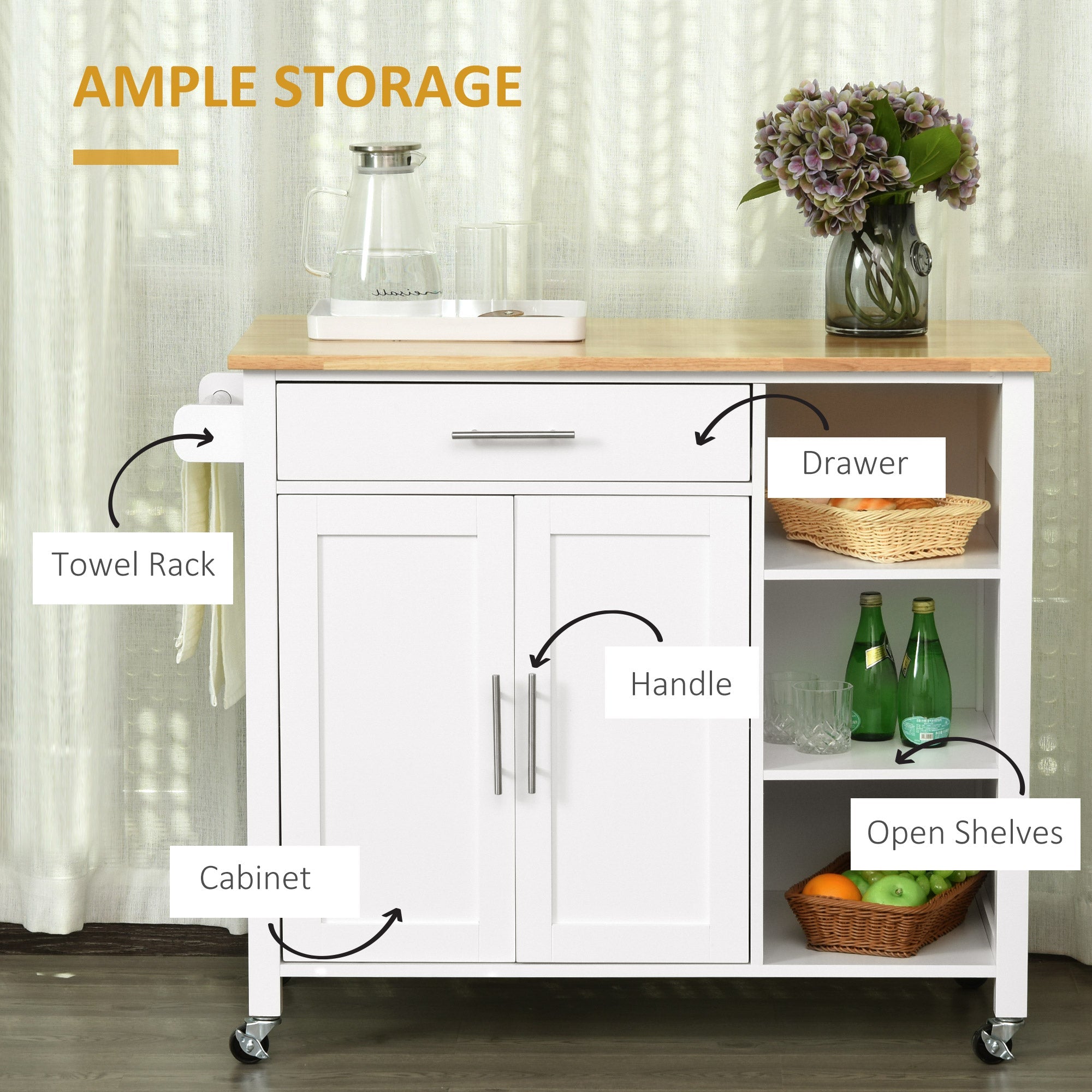 HOMCOM Versatile Valet: Wooden Rolling Kitchen Island with 360° Swivel Wheels, Dining Cart with Drawer, White Finish