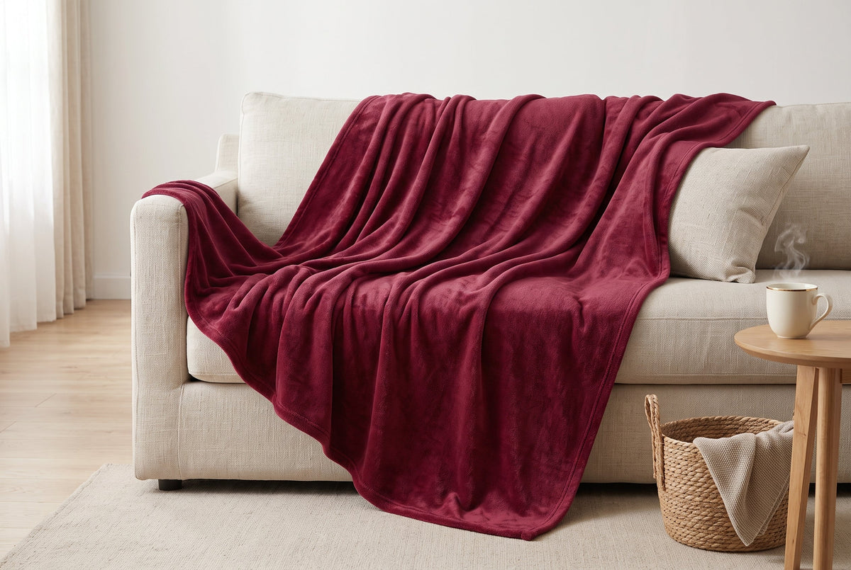 Flannel Blanket, 80 x 88 in, Super Soft, Merlot Red
