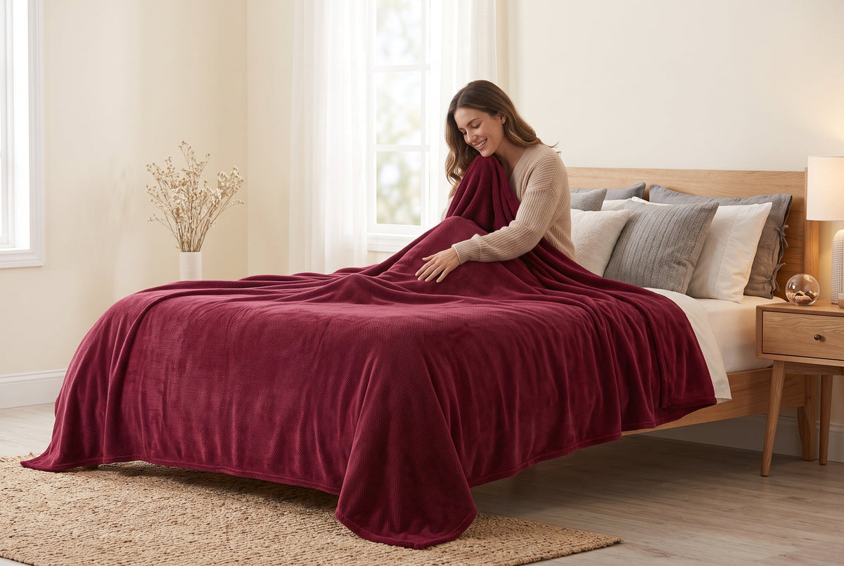 Flannel Blanket, 80 x 88 in, Super Soft, Merlot Red