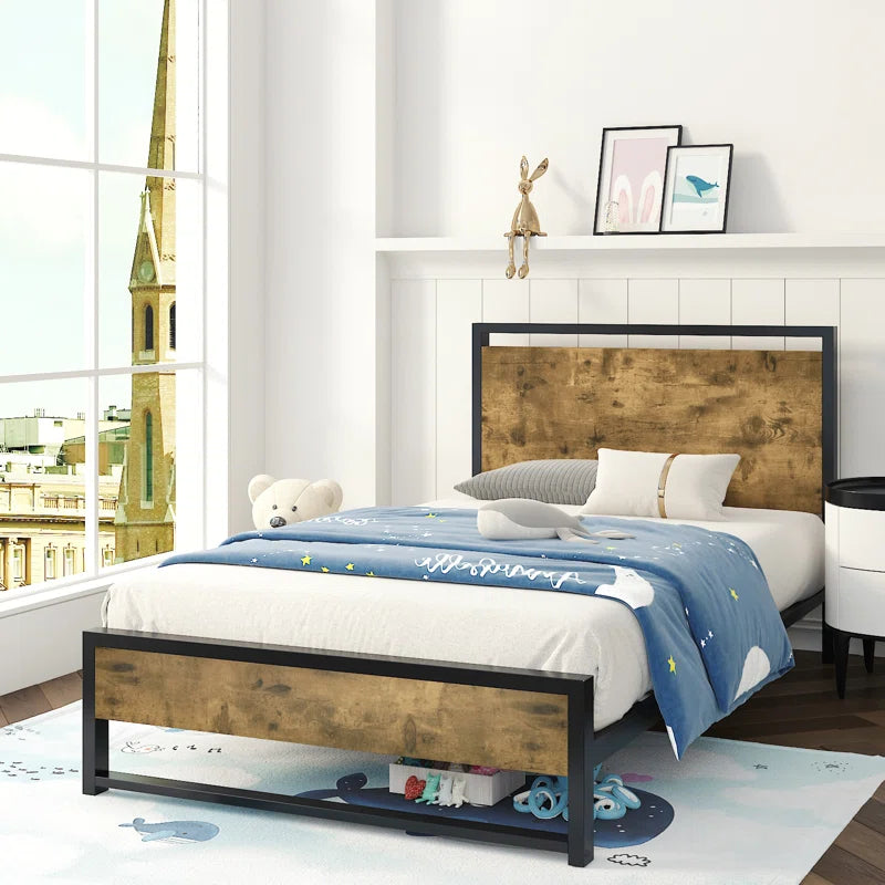 Fenham Black Metal Platform Bed with Industrial Wood Headboard