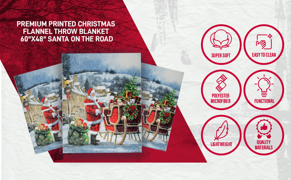 Flannel Printed Christmas Throw 48X60 Santa On The Road