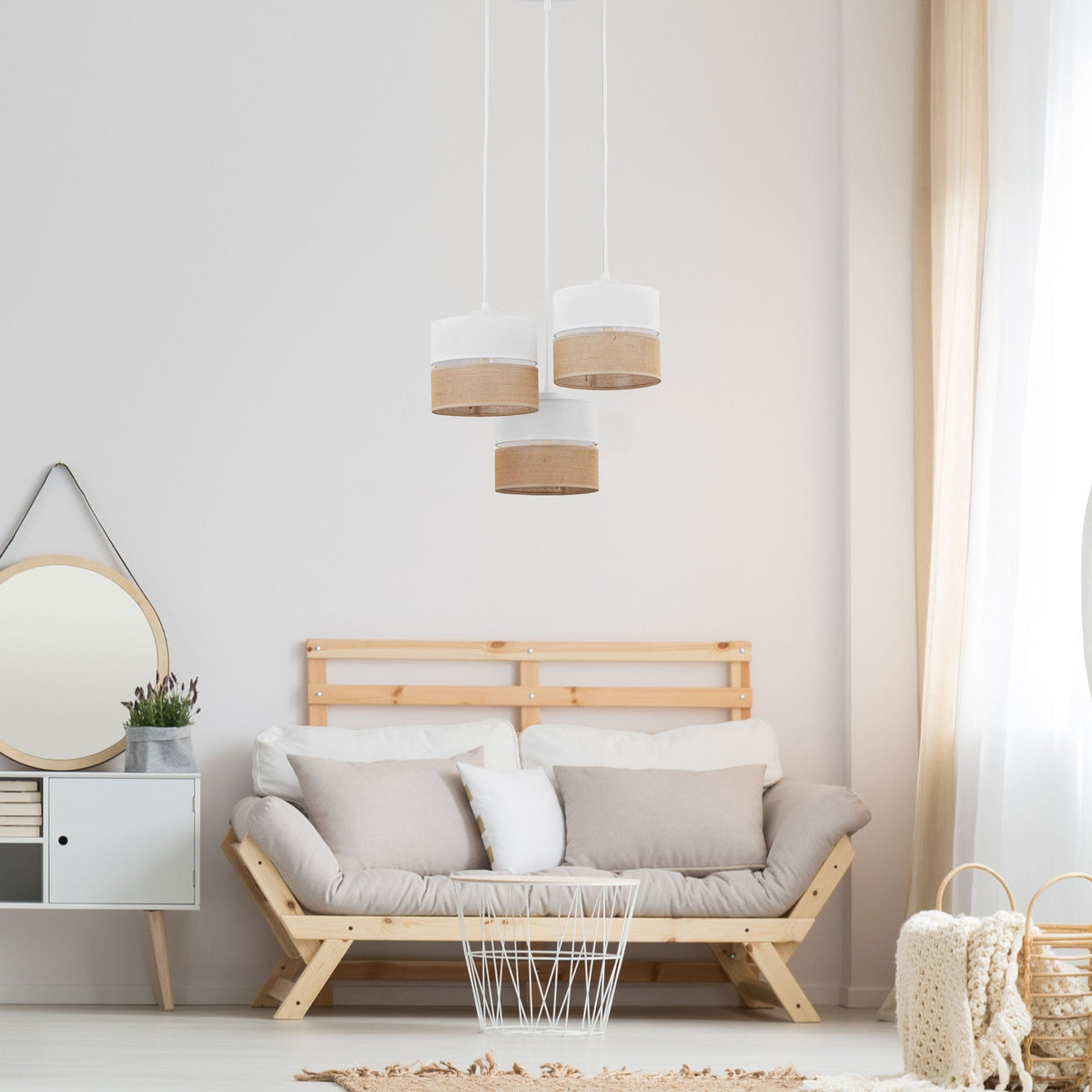 LINOBIANCO 3-Light Cluster Pendant with Linen & Jute Shades for Dining, Kitchen & Living Room