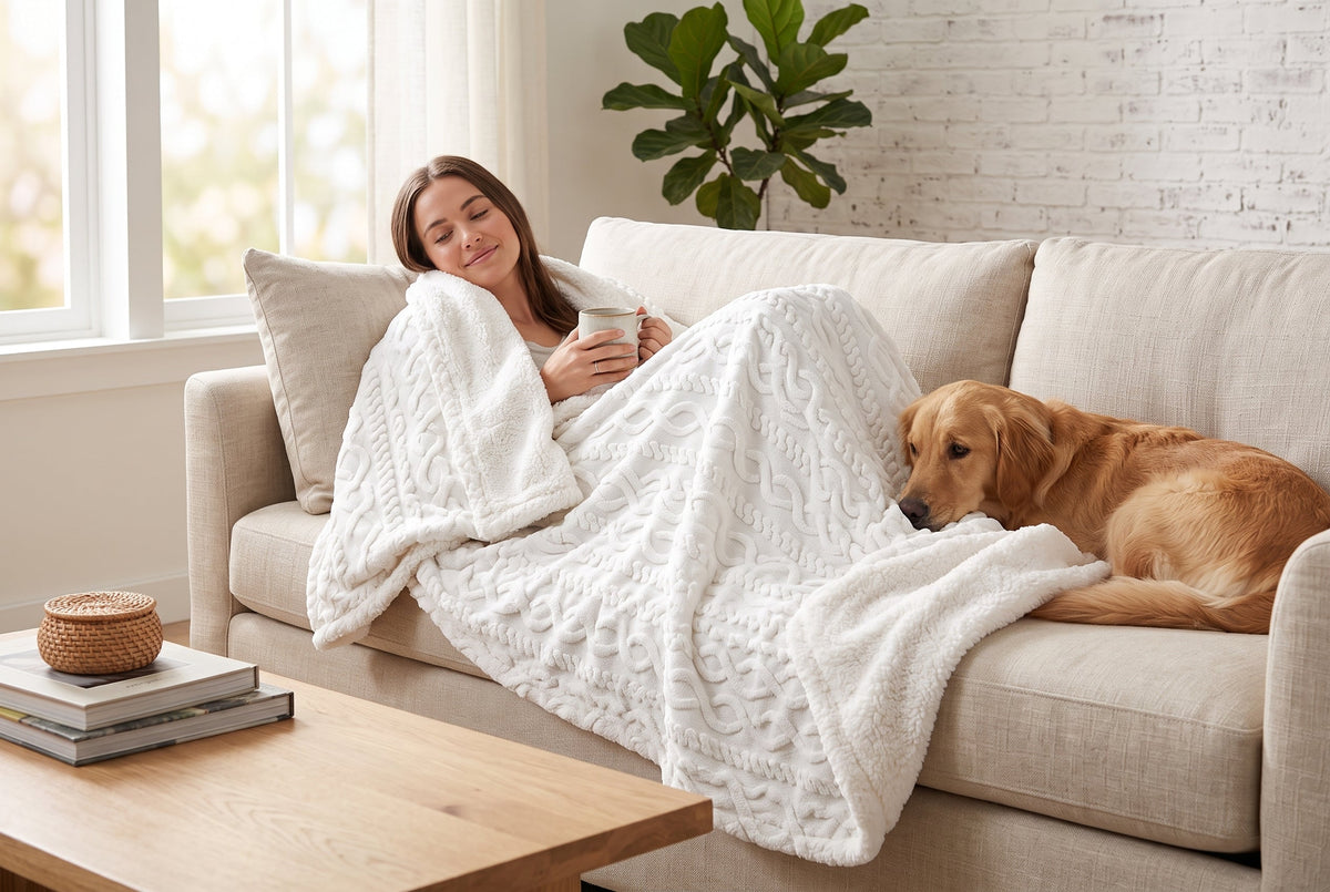 Cable Knit Sherpa Blanket, 60 x 80 in, Off White
