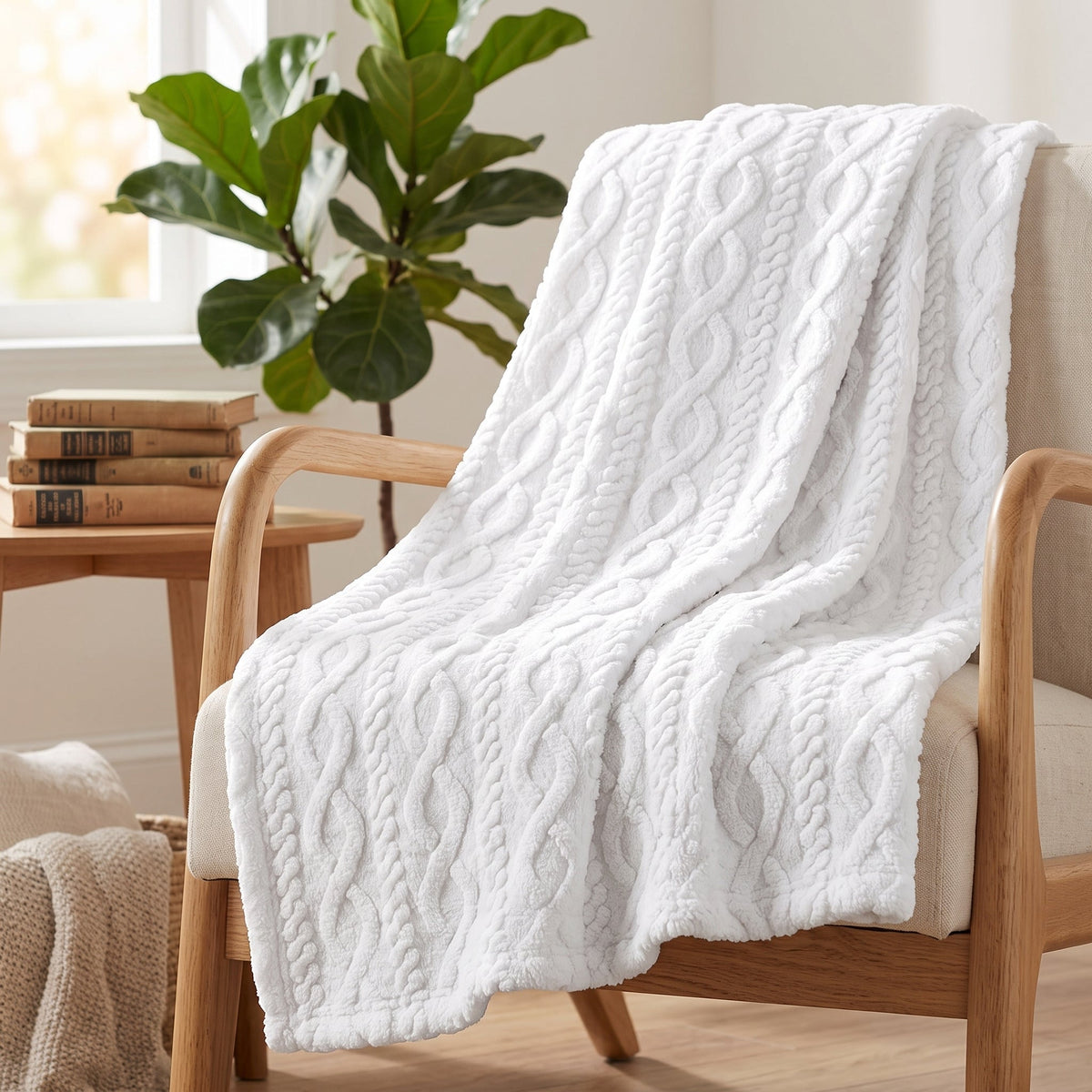 Cable Knit Sherpa Blanket, 60 x 80 in, Off White