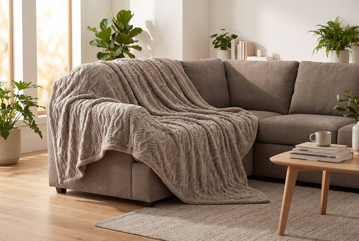 Cable Knit Sherpa Blanket, 80 x 88 in, Taupe