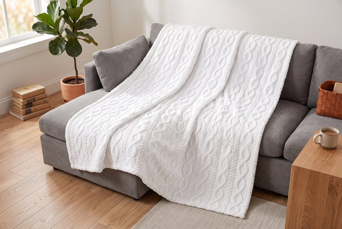 Cable Knit Sherpa Blanket, 80 x 88 in, Off White