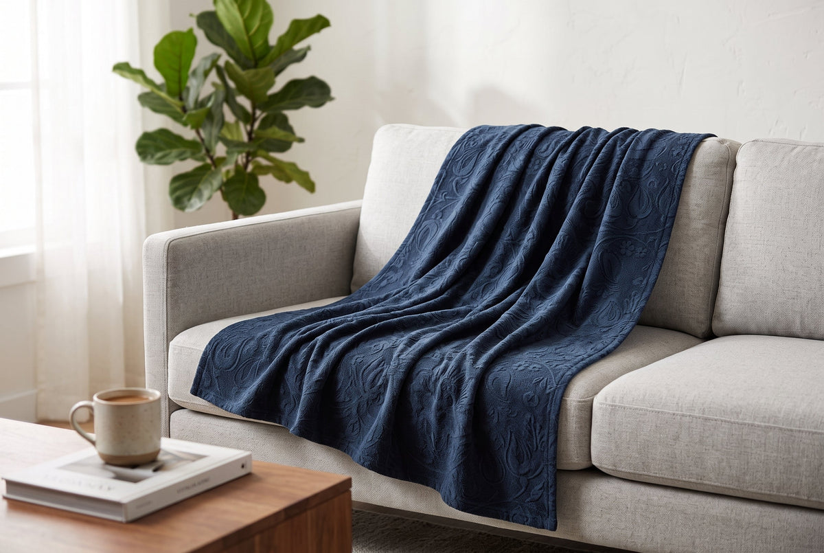 Embossed Flannel Throw Blanket, 48 x 60 in, Baroque, Indigo