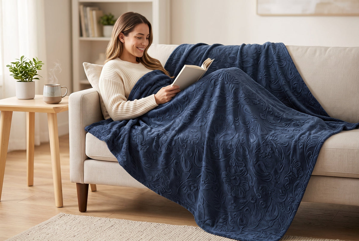 Embossed Flannel Throw Blanket, 48 x 60 in, Baroque, Indigo