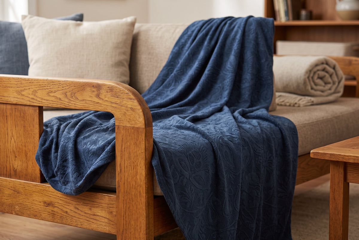 Embossed Flannel Throw Blanket, 48 x 60 in, Baroque, Indigo