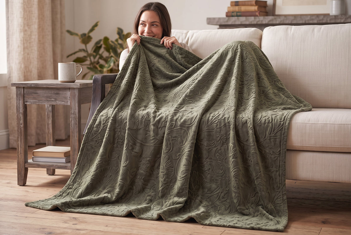Embossed Flannel Throw Blanket, 48 x 60 in, Baroque, Laurel Oak