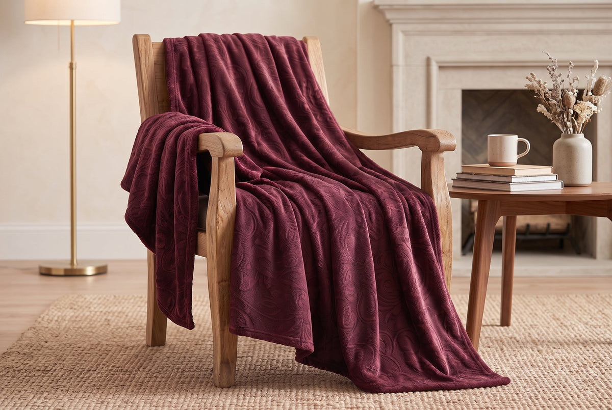Embossed Flannel Throw Blanket, 48 x 60 in, Baroque, Port Red