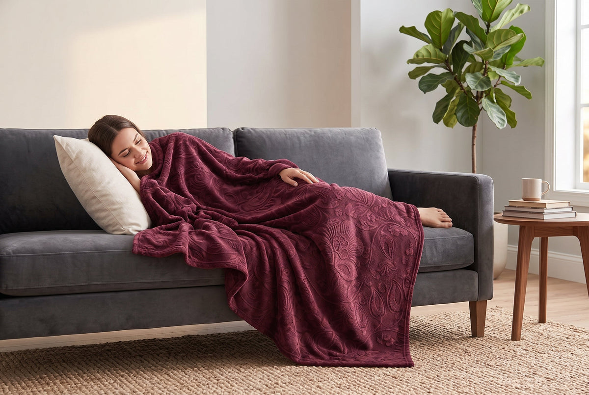 Embossed Flannel Throw Blanket, 48 x 60 in, Baroque, Port Red