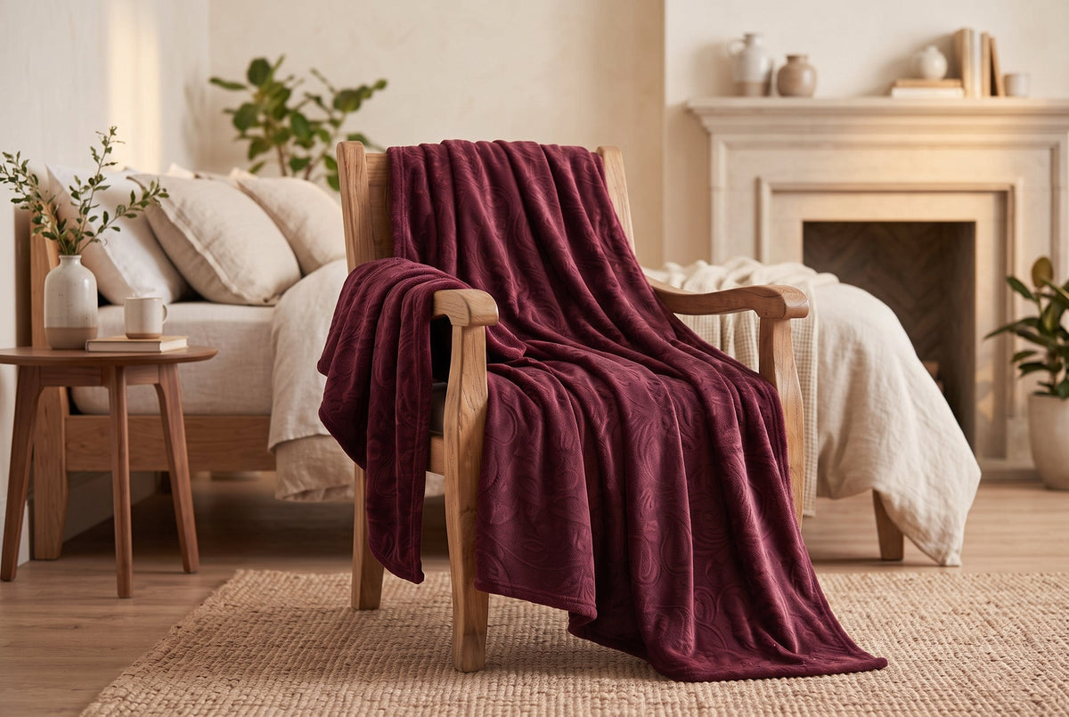 Embossed Flannel Throw Blanket, 48 x 60 in, Baroque, Port Red