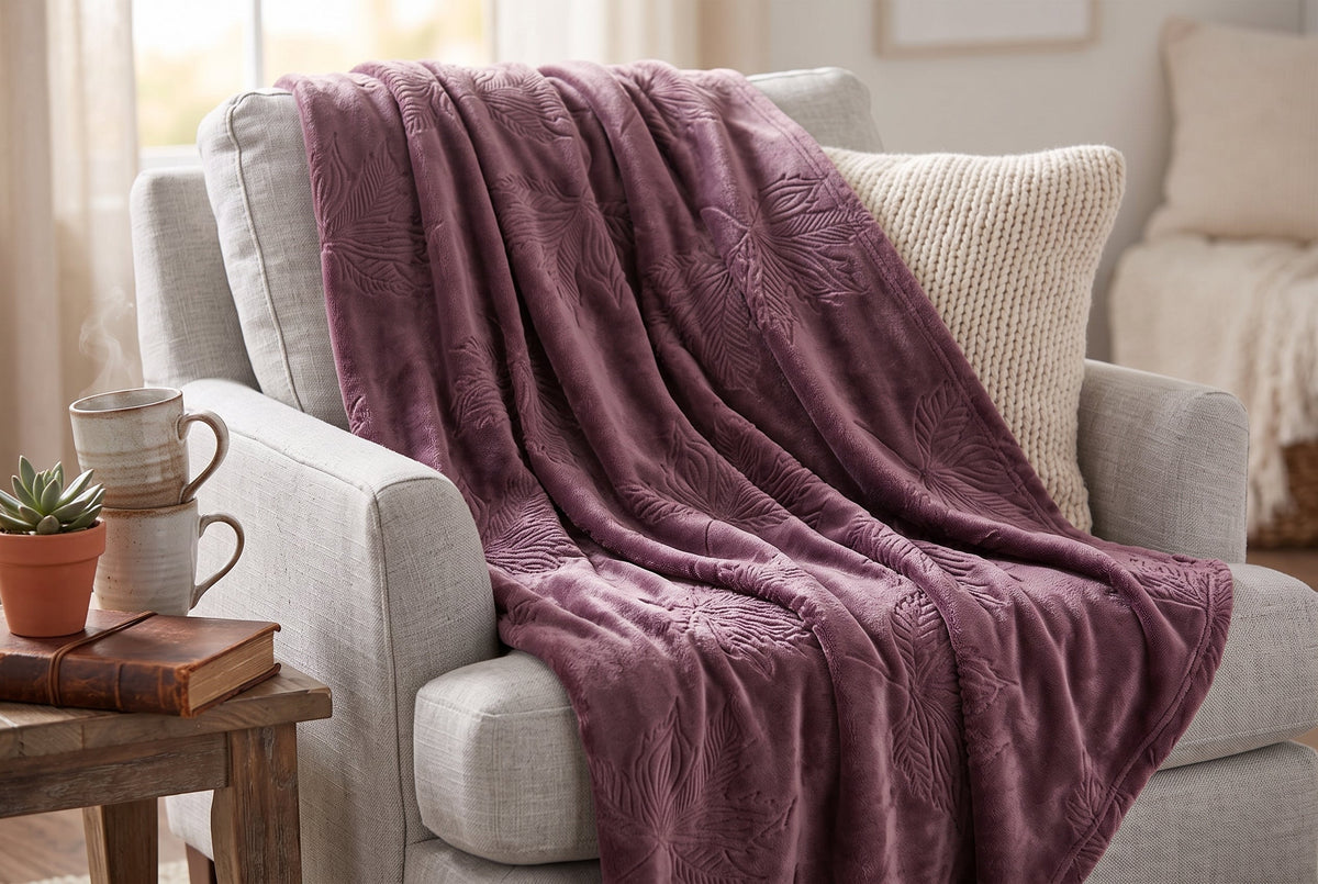 Embossed Flannel Throw Blanket, 48 x 60 in, Maple Leaf, Deep Mauve
