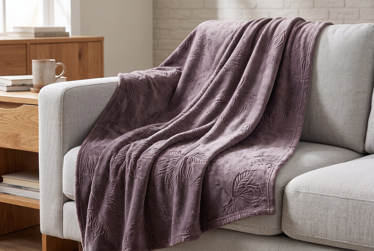 Embossed Flannel Throw Blanket, 48 x 60 in, Maple Leaf, Deep Mauve