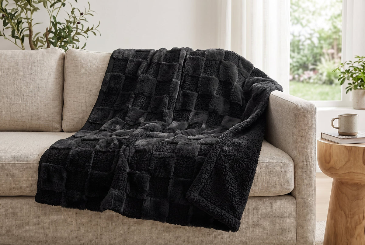 Faux Fur Throw Blanket, 48 x 60 in, Teddy with Sherpa Reverse, Black