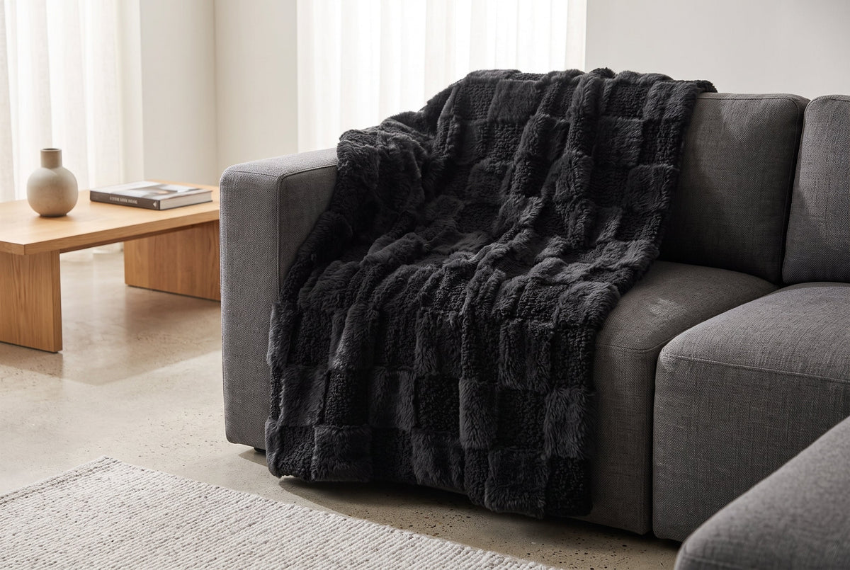 Faux Fur Throw Blanket, 48 x 60 in, Teddy with Sherpa Reverse, Black