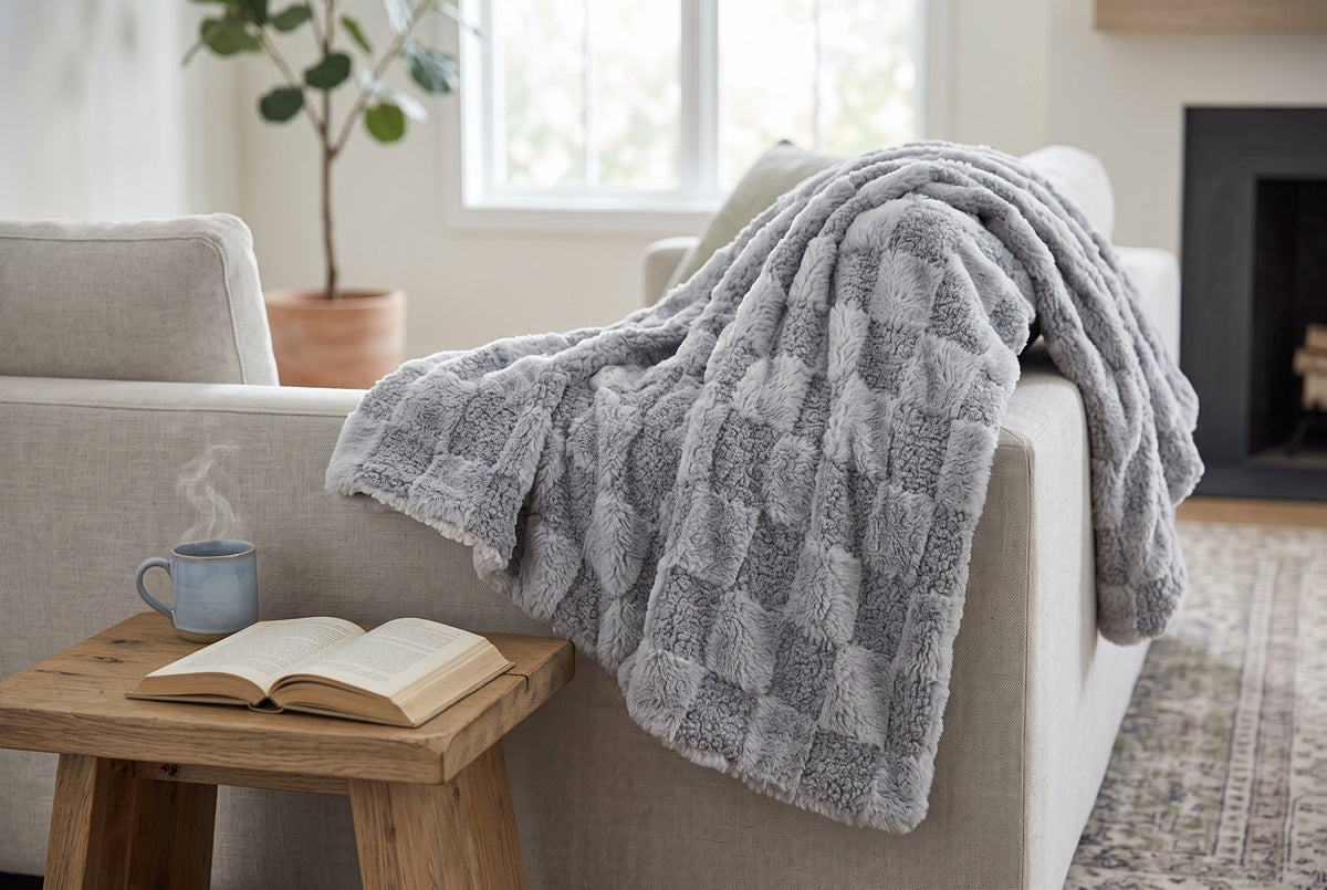 Faux Fur Throw Blanket, 48 x 60 in, Teddy with Sherpa Reverse, Grey
