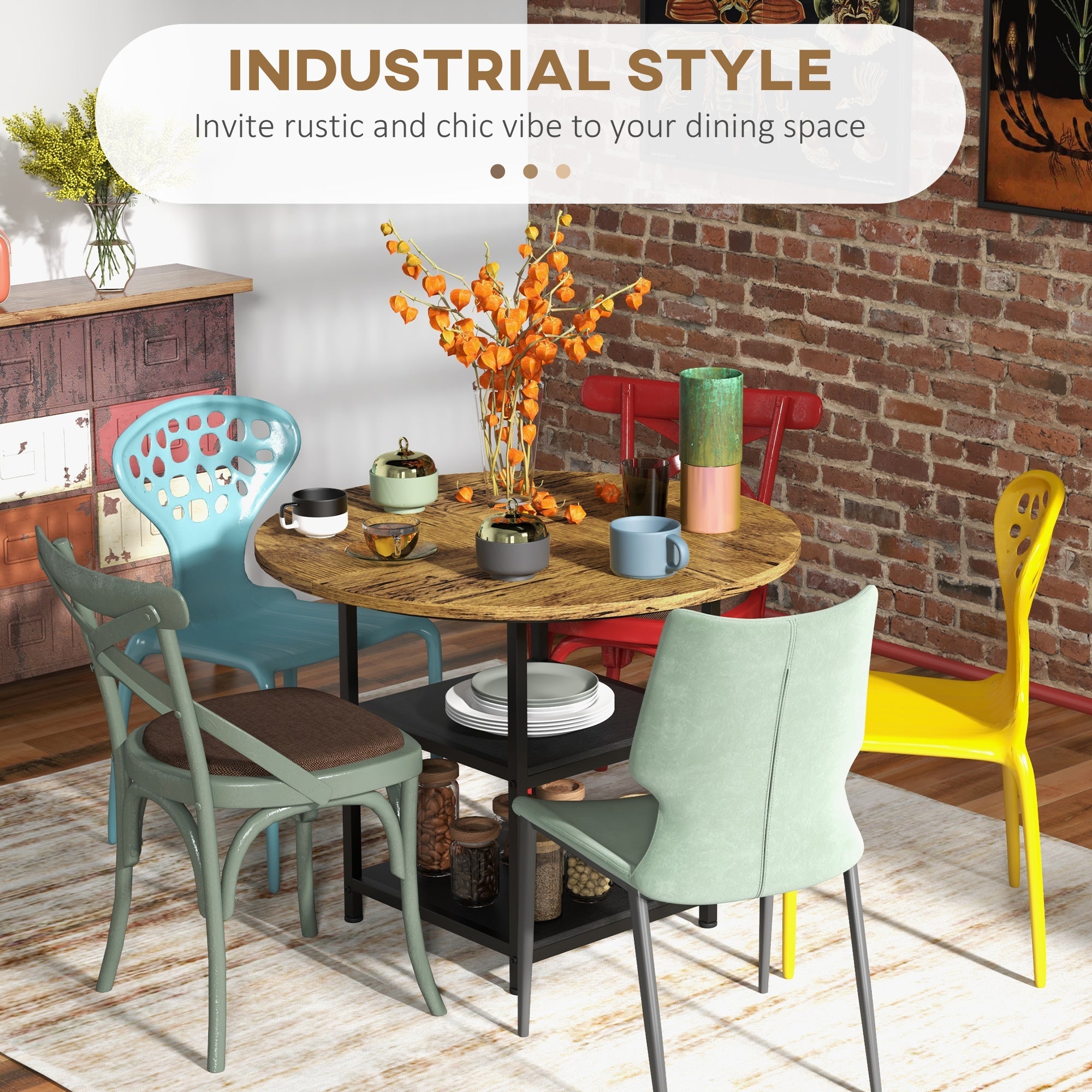 HOMCOM 39.4" Round Industrial Dining Table for 4-6 People with Storage Shelves Rustic Brown Kitchen Table