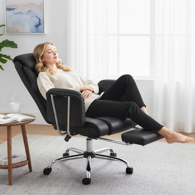 Reclining Office Chair, Overstuffed Executive Desk Chair with High Back, PU Leather, Footrest, Swivel Wheels, Black