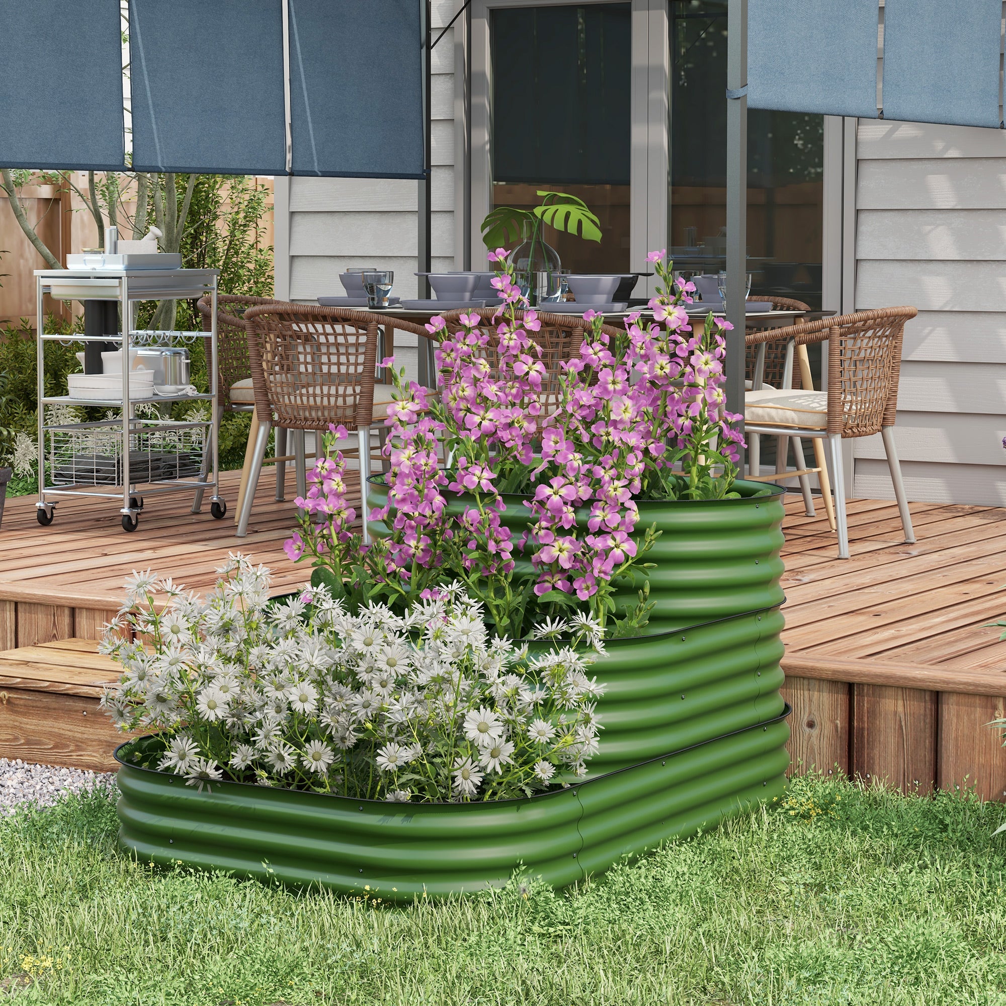 Outsunny 5.2'x3.6'x2.7' Outdoor Raised 3-Tier Galvanized Garden Bed Planter Box Safety Edging Veggies Flowers Growing Green Backyard
