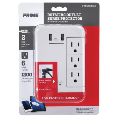 PRIME® 6-Outlet Wall Tap with 1,200-Joule Surge Protection and Dual USB Charger