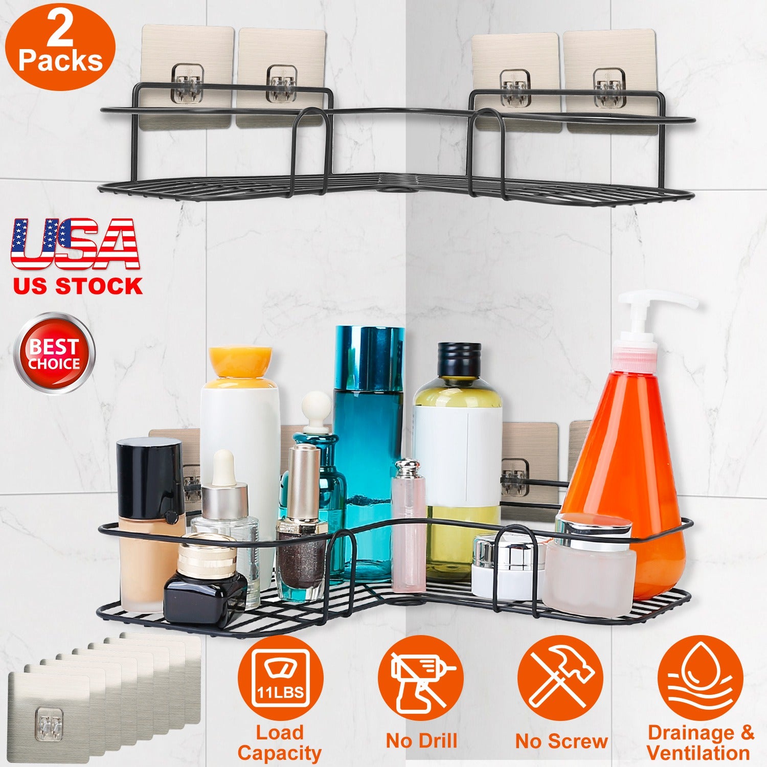2Pcs Corner Shower Caddy Shelves Wall Mounted Basket Rack Bathroom Shampoo Holder Storage Organizer W/ 8Pcs Adhesive Hooks For Toilet Dorm Kitchen