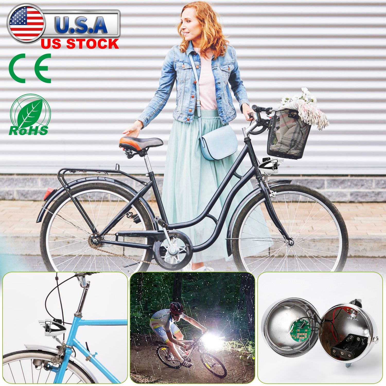 Vintage Bicycle Front Headlight Retro Metal Chrome Silver Shell Bright Bike LED Light Night Riding Safety Cycling Fog Light Headlamp with Bracket
