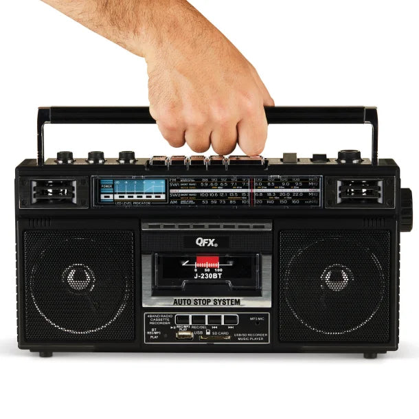 QFX® Bluetooth® Cassette USB/SD™ Card/AM/FM/SW1-2 Radio Boom Box with USB Recording and Built-in Microphone, Black, J-230BT