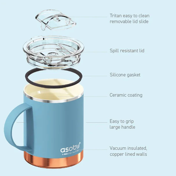 ASOBU® The Ultimate Stainless Steel Ceramic-Coated Coffee Mug, 12-Oz. (Blue)