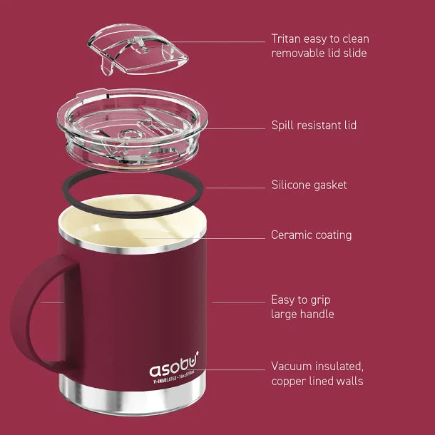 ASOBU® The Ultimate Stainless Steel Ceramic-Coated Coffee Mug, 12-Oz. (Red)