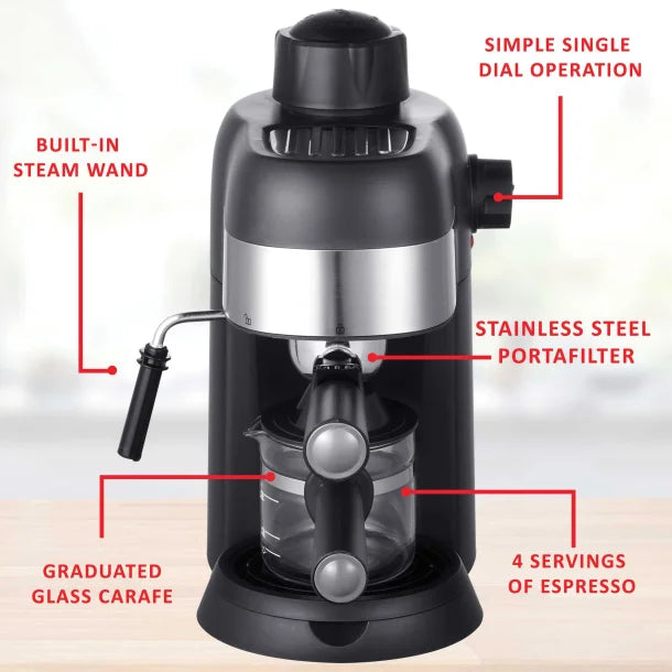 Brentwood® GA-134BK 4-Cup Stainless Steel Espresso and Cappuccino Maker Machine