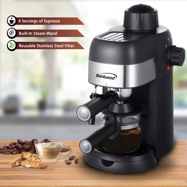 Brentwood® GA-134BK 4-Cup Stainless Steel Espresso and Cappuccino Maker Machine