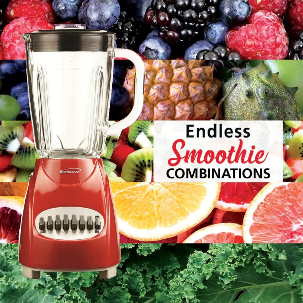 Brentwood® 42-Ounce 12-Speed + Pulse Electric Blender with Glass Jar (Red)