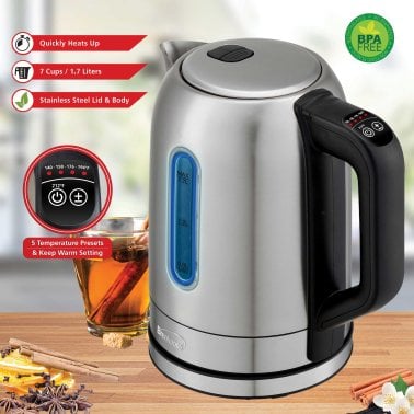 Brentwood® 1,500-Watt 1.79-Qt. Cordless Digital Stainless Steel Kettle with 5 Temperature Presets and Swivel Base